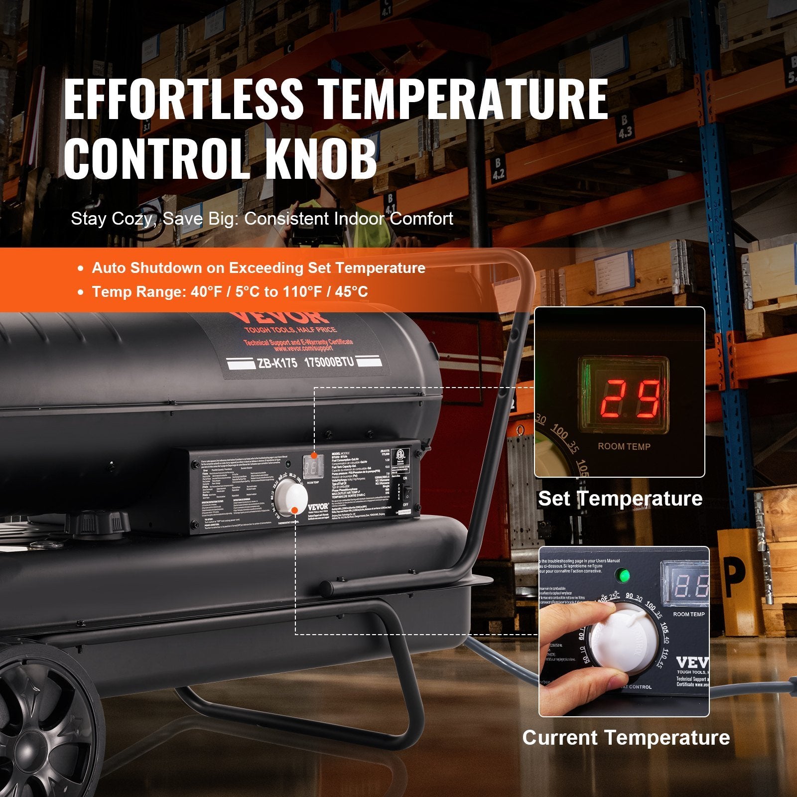 VEVOR Kerosene Forced Air Heater, 175000 BTU Portable Air Space Heater with Thermostat, 13.2 Gallon Tank Energy-Efficient heavy-duty Heater, for Indoor Outdoor Use Workshop Industry