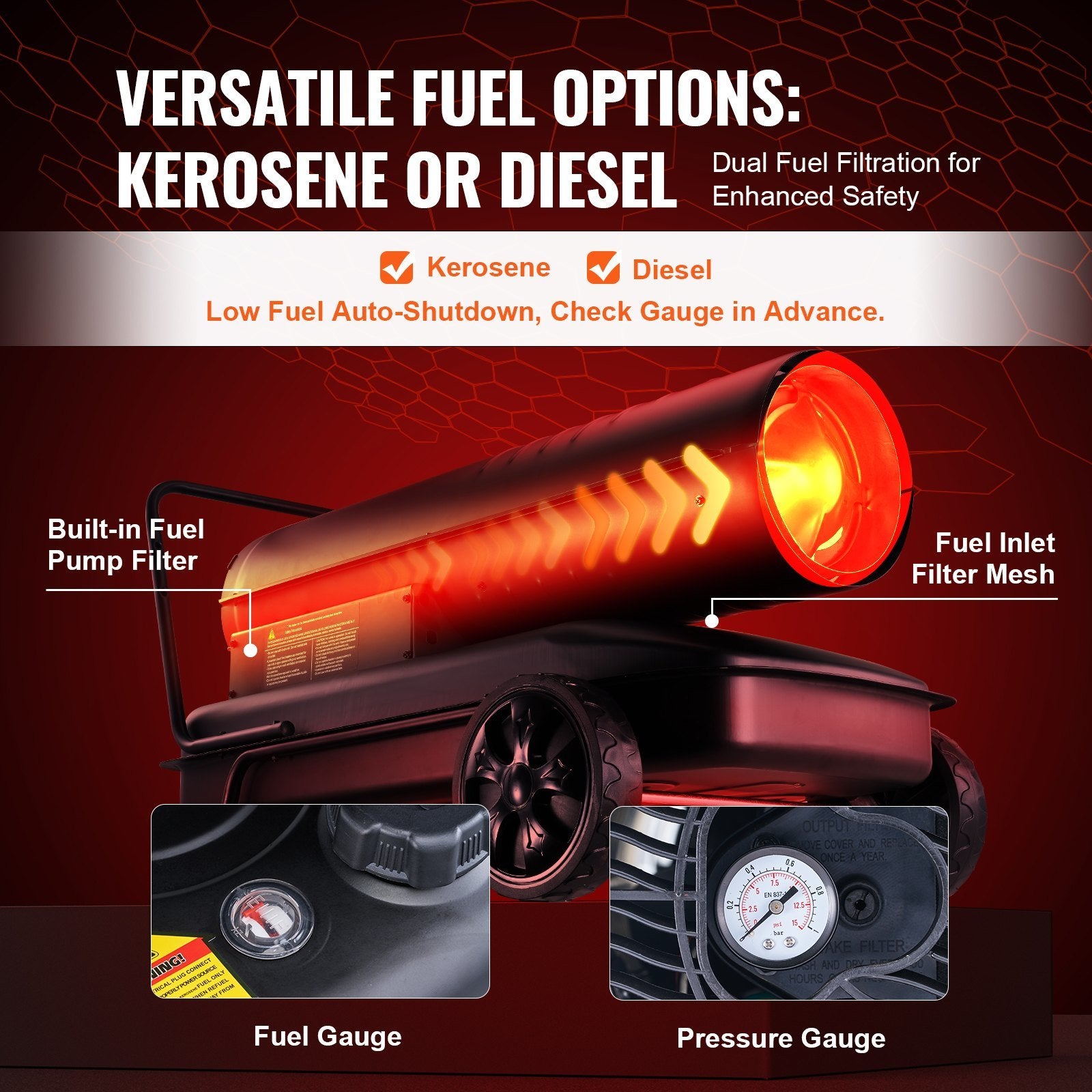 VEVOR Kerosene Forced Air Heater, 215000 BTU Portable Torpedo Diesel Space Heater with Thermostat, 13.2 Gallon Tank Energy-Efficient heavy-duty Heater, for Indoor Outdoor Use Workshop Industry