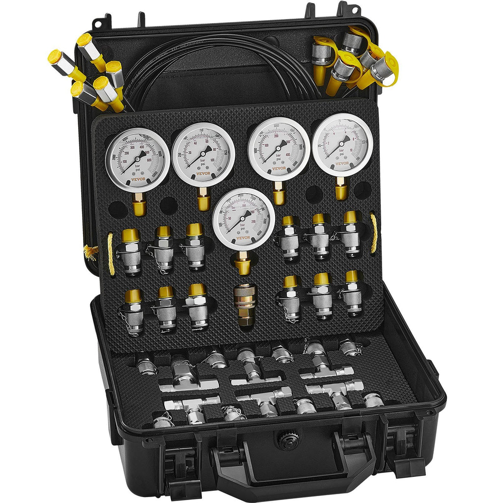 VEVOR Hydraulic Pressure Test Kit, 10/100/250/400/600bar, 5 Gauges 13 Couplings 14 Tee Connectors 5 Test Hoses, Excavator Hydraulic Test Gauge Set with Carrying Case for Excavator Tractors Machinery