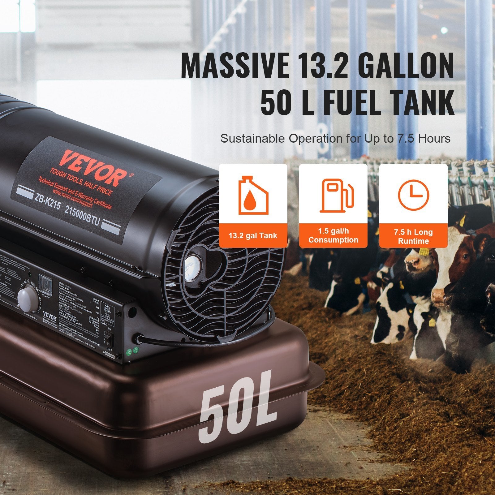 VEVOR Kerosene Forced Air Heater, 215000 BTU Portable Torpedo Diesel Space Heater with Thermostat, 13.2 Gallon Tank Energy-Efficient heavy-duty Heater, for Indoor Outdoor Use Workshop Industry